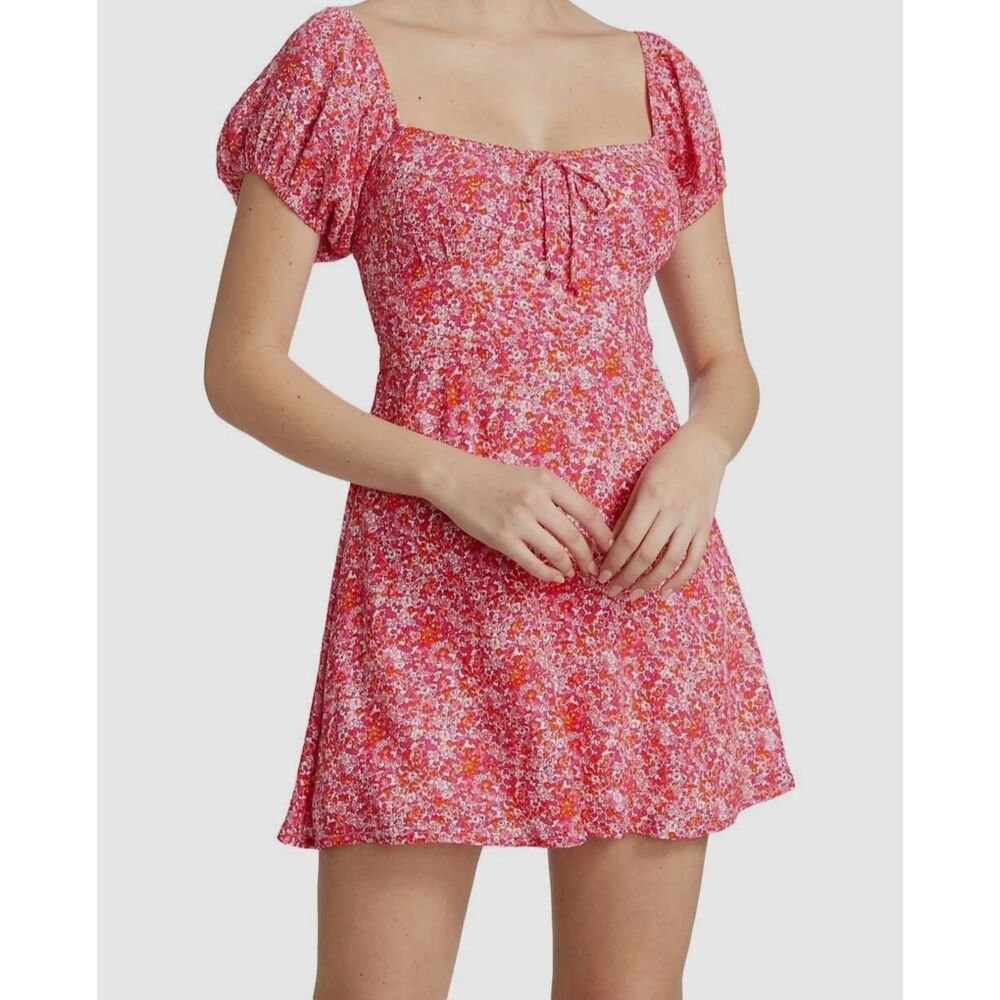 Faithfully the Brand- Trendy Red Floral Puff-Sleeve Mini Dress- Small